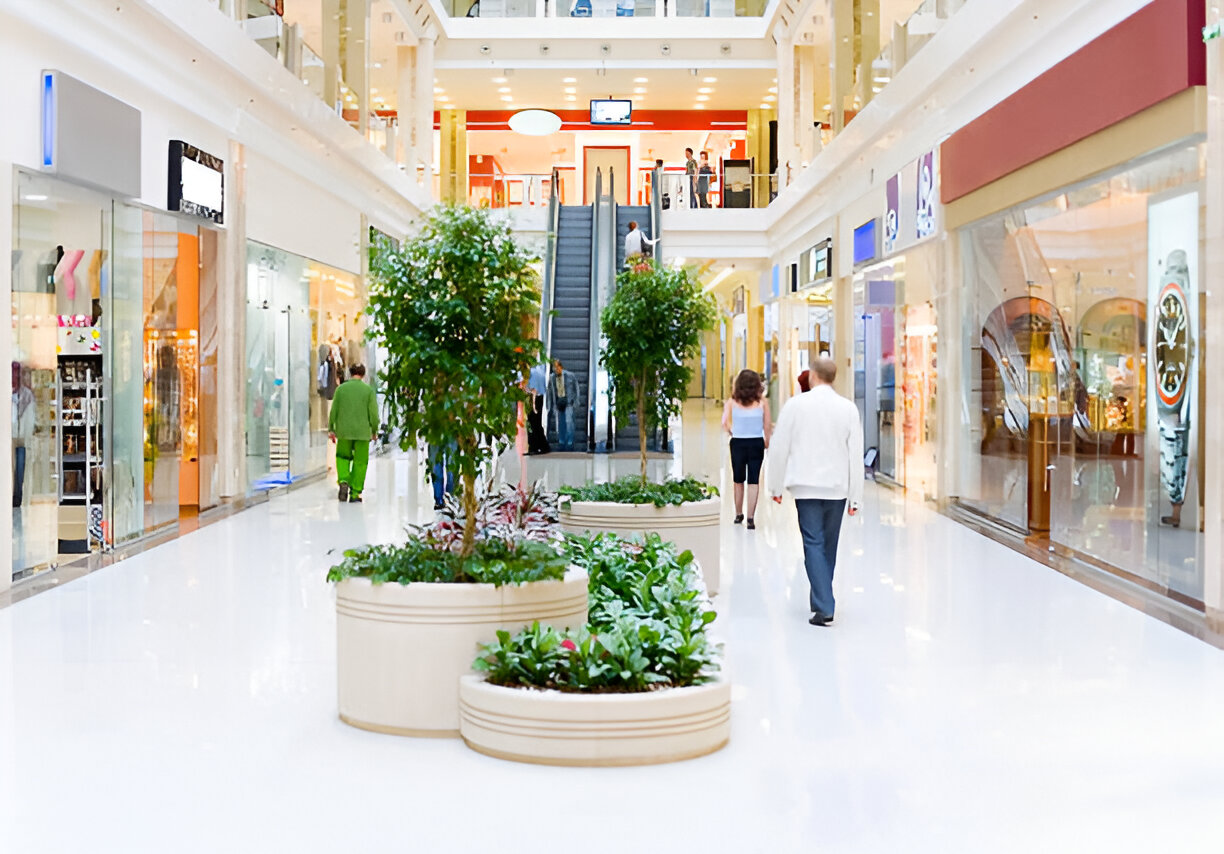 Modern shopping complex with retail stores